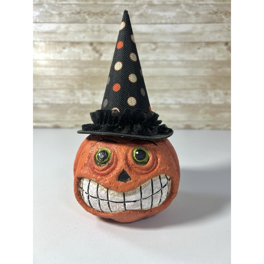 Ashland Halloween Smiling Pumpkin in Hat Folk Art Resin Hocus Pocus Table Decor